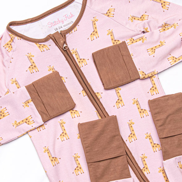 Giraffe Giant Bamboo Zippy Pajama, Pink