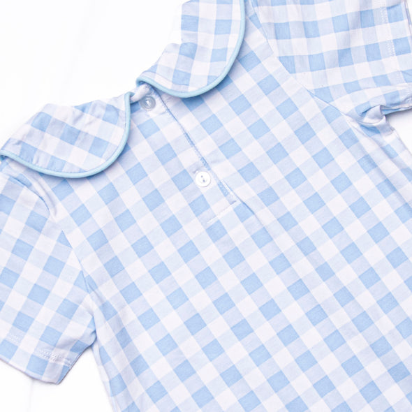 Magical Check In Applique Short Romper, Blue Check