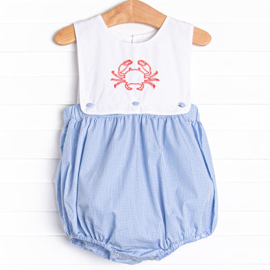Crab Walkin' Embroidered Bubble, Blue Gingham