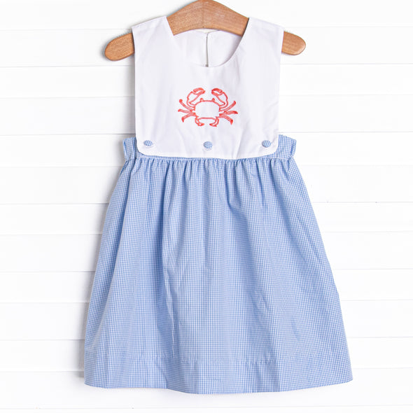 Crab Walkin' Embroidered Dress, Blue Gingham