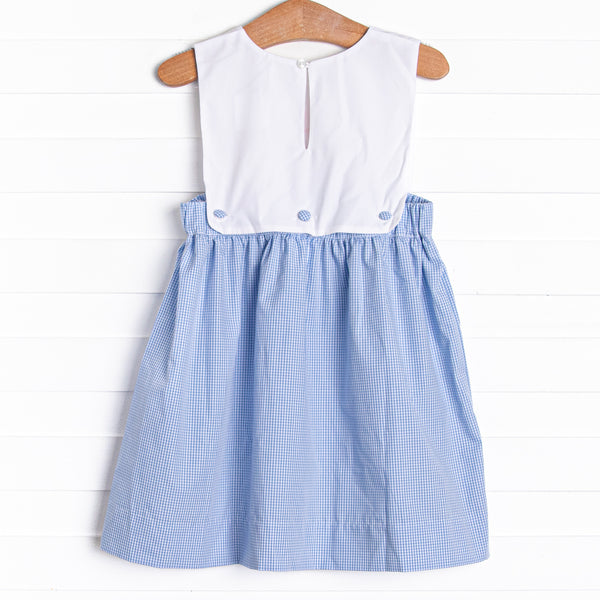 Crab Walkin' Embroidered Dress, Blue Gingham