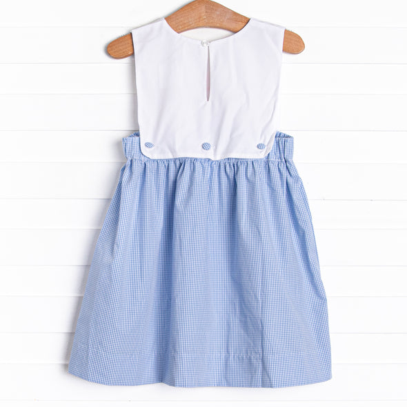 Crab Walkin' Embroidered Dress, Blue Gingham