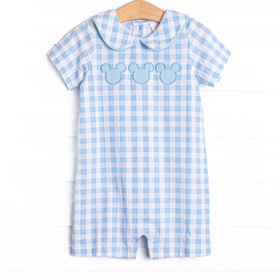 Magical Check In Applique Short Romper, Blue Check