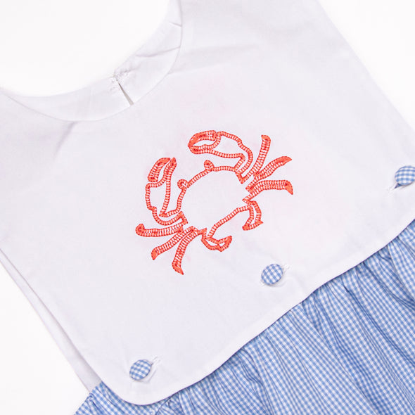 Crab Walkin' Embroidered Bubble, Blue Gingham