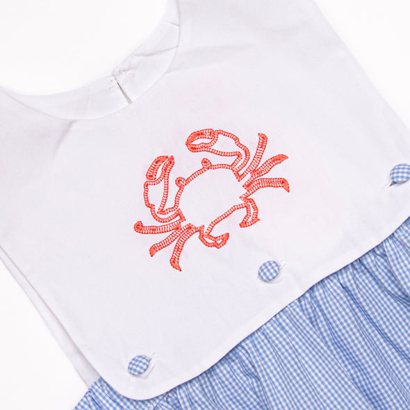 Crab Walkin' Embroidered Dress, Blue Gingham