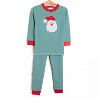  This set features a green striped print, red trim, and a Santa applique. 