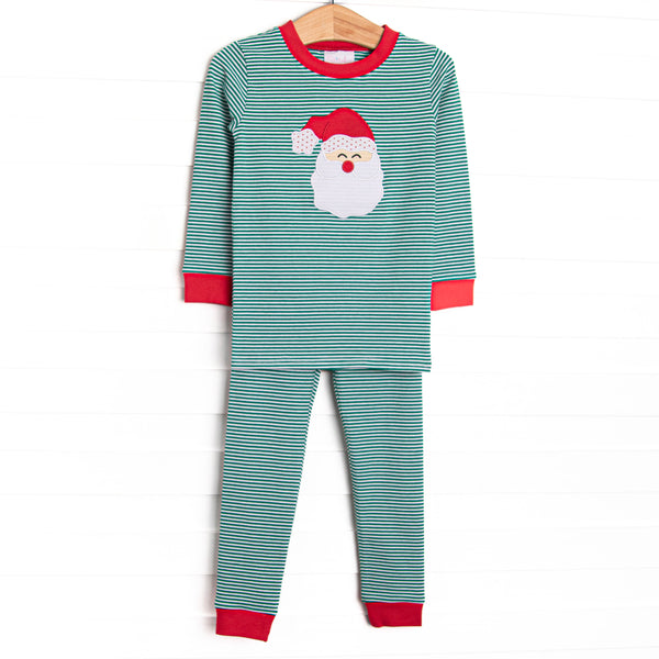  This set features a green striped print, red trim, and a Santa applique. 