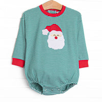 This bubble features a green striped print, red ruffles, and a Santa applique.