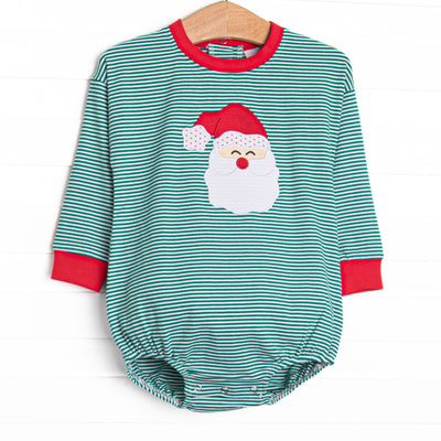 This bubble features a green striped print, red ruffles, and a Santa applique.