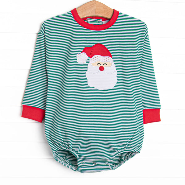 This bubble features a green striped print, red ruffles, and a Santa applique.