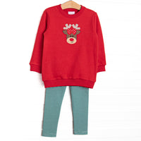  This set features a red sweatshirt material, a reindeer applique, and green striped leggings to match. 