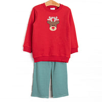 This set features a red sweatshirt material, a reindeer applique, and green striped pants to match.
