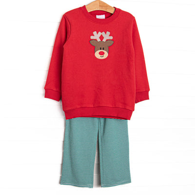 This set features a red sweatshirt material, a reindeer applique, and green striped pants to match.