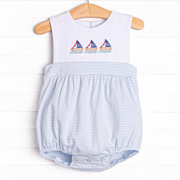 White Cap Waves Embroidered Boy Bubble, Blue