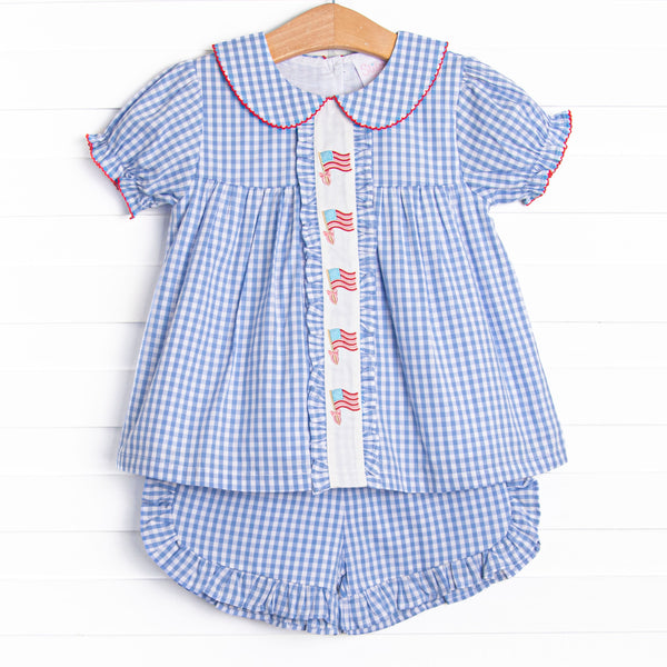 Banner in the Breeze Embroidered Short Set, Blue