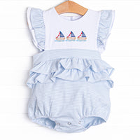 White Cap Waves Embroidered Girl Bubble, Blue