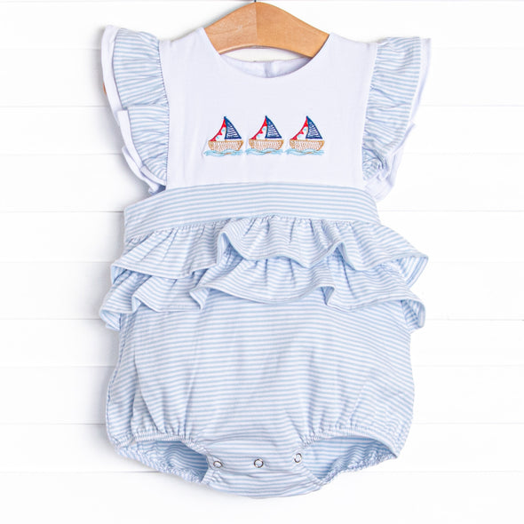 White Cap Waves Embroidered Girl Bubble, Blue