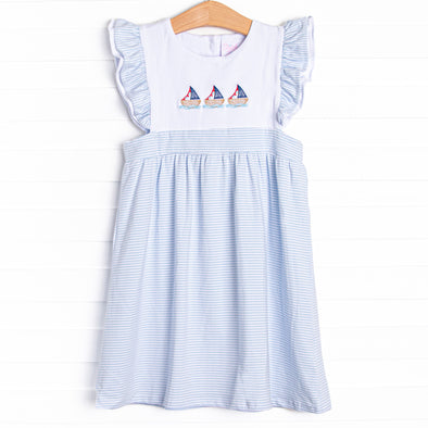 White Cap Waves Embroidered Dress, Blue