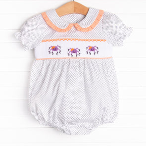Spooky Spider Smocked Bubble, Navy Bitty Dot