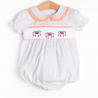Spooky Spider Smocked Bubble, Navy Bitty Dot