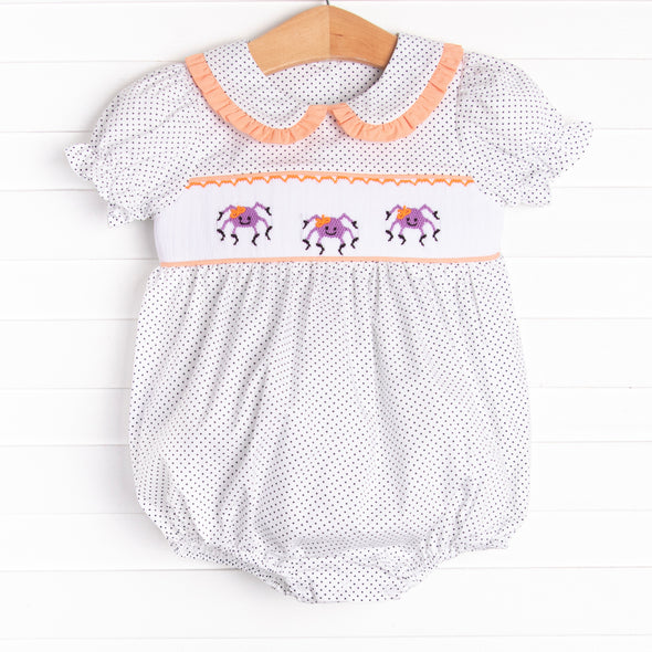 Spooky Spider Smocked Bubble, Navy Bitty Dot