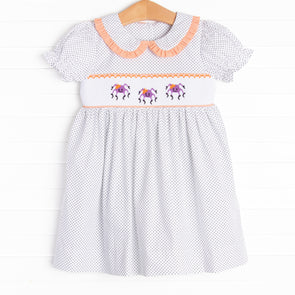 Spooky Spider Smocked Dress, Navy Bitty Dot