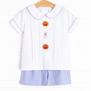 Friendly Ghost Embroidered Short Set, Blue