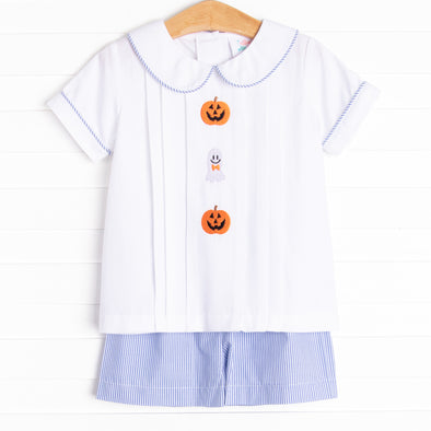 Friendly Ghost Embroidered Short Set, Blue