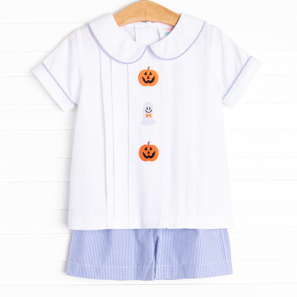 Friendly Ghost Embroidered Short Set, Blue