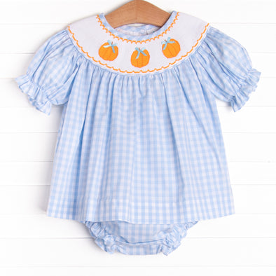 Happy Harvest Smocked Diaper Set, Blue Check