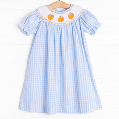 Happy Harvest Smocked Bishop Dress, Blue Check