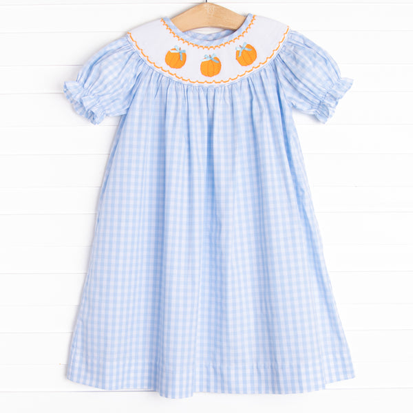 Happy Harvest Smocked Bishop Dress, Blue Check