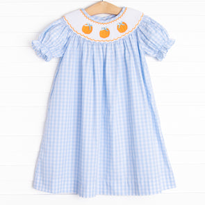 Happy Harvest Smocked Bishop Dress, Blue Check