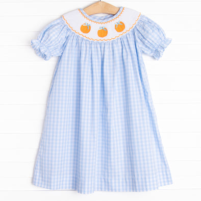 Happy Harvest Smocked Bishop Dress, Blue Check