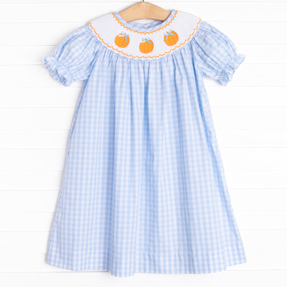 Happy Harvest Smocked Bishop Dress, Blue Check