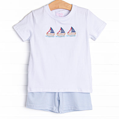 White Cap Waves Embroidered Short Set, Blue