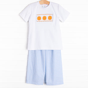 Happy Harvest Smocked Pant Set, Blue Check