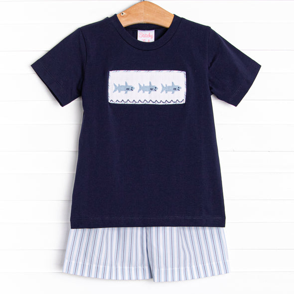 Pier Pinstripes Smocked Short Set, Blue