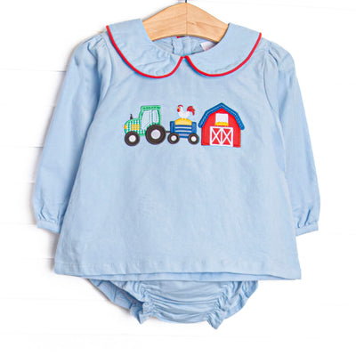  The set features a blue corduroy material, a peter pan collar with red trim, and&nbsp; barnyard appliques. Matching blue diaper cover to complete the set. 