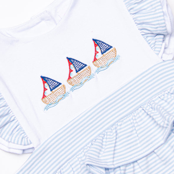 White Cap Waves Embroidered Girl Bubble, Blue