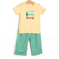 This set features a yellow short sleeve top with a tool trio appliques and green gingham pants to match.