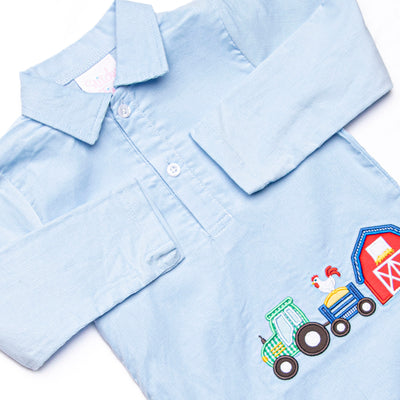 Hard Days Work Applique Short Romper, Blue