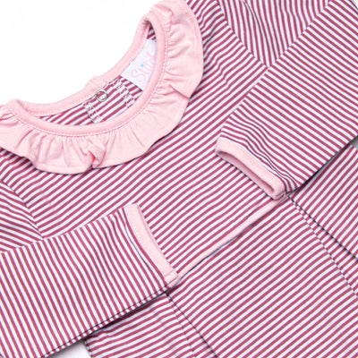 Lexie Ruffle Romper, Light Pink and Berry Purple Stripe