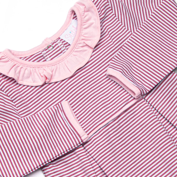 Lexie Ruffle Romper, Light Pink and Berry Purple Stripe