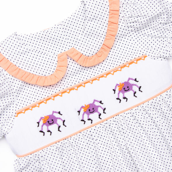 Spooky Spider Smocked Dress, Navy Bitty Dot