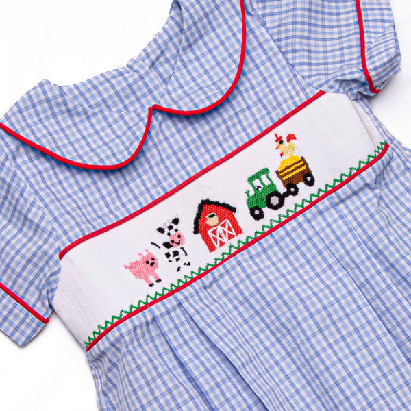 Hard Days Work Smocked Boy Bubble, Blue