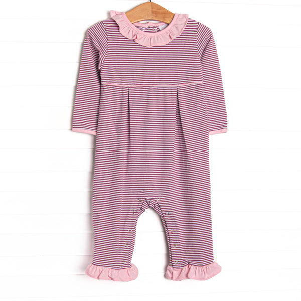  This romper features soft knit material, sweet purple stripes, and snaps in the stride to make changing a breeze. 