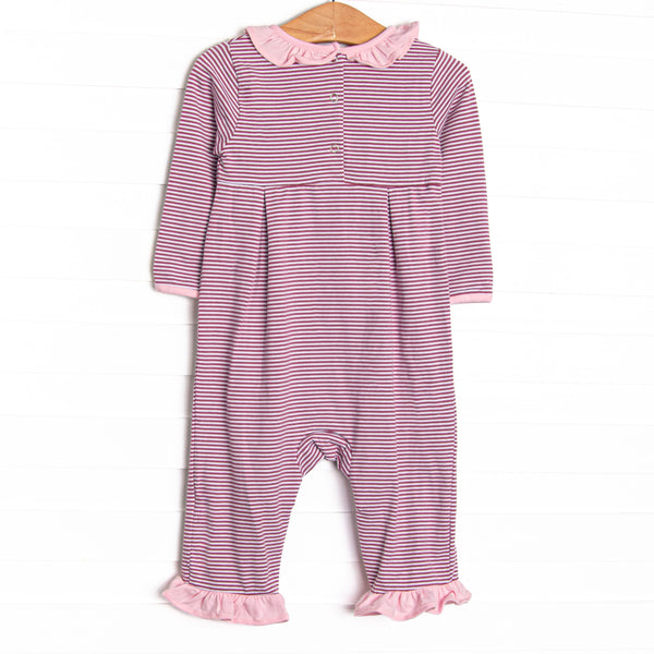 Lexie Ruffle Romper, Light Pink and Berry Purple Stripe