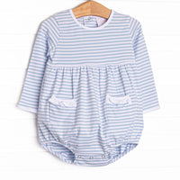  This cozy knit favorite is a staple for every little girl's closet. Featured here in light blue stripes and ruffle trimmed pockets add adorable details! 