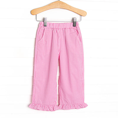  This straight leg pant with a ruffle hem comes in pink and blue gingham. 